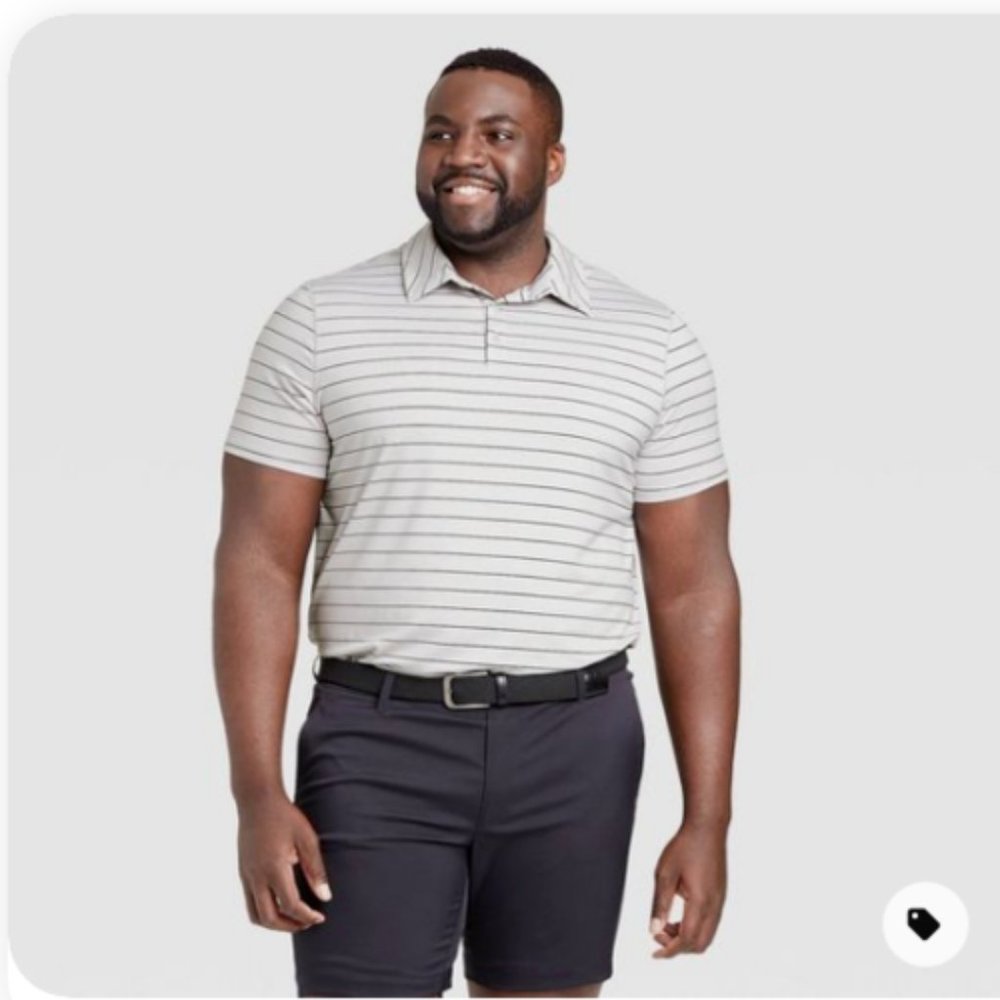 New NWT Mens Light Gray Stripe Golf Polo Stretch All In Motion